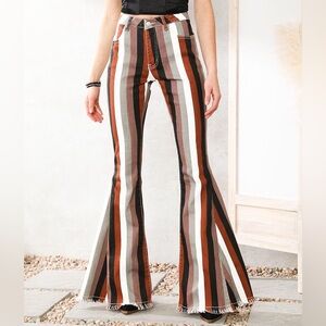 Saints & Hearts Women's Rust and Black Striped Raw Hem Flare Leg Jeans